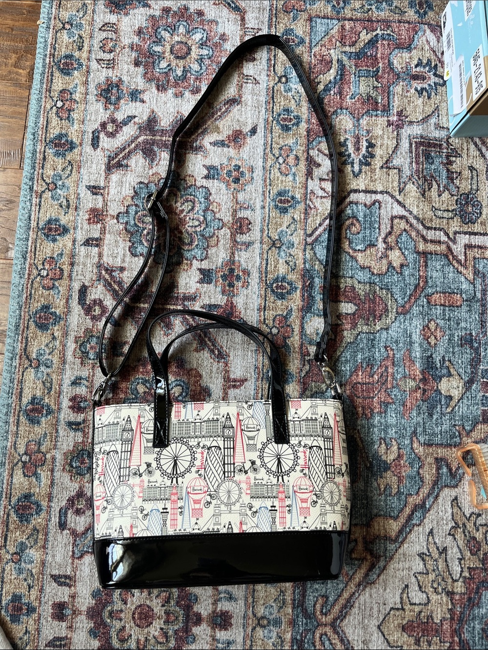 Harrods Black, Cream and Red London Landmark Print Crossbody Tote - Picture 8 of 11